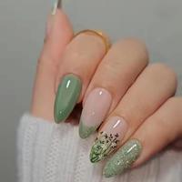 Butterfly Flower Pattern Fake Nail with 1 Sheet Tape & 1 Nail File & 1 Stick, 24pcs/set French Almond Fake Nails for DIY Nai...