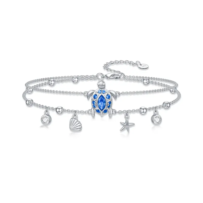 Sterling Silver Oval Shaped Cubic Zirconia Sea Turtle & Starfish Layerered Bracelet