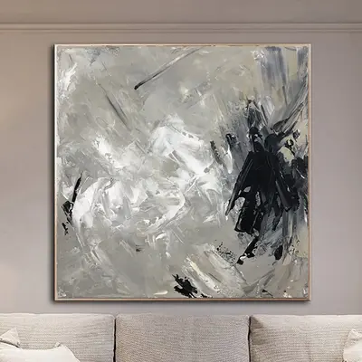Abstract Gray Painting On Canvas Expressionist Painting Textured Black And White Wall Art Minimalist Black Blot Painting | BL...