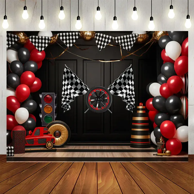Racing Venue Plaid Flag Balloon Birthday Backdrop - Aperturee