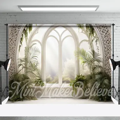 Round Window Spring Green Plants Indoor Backdrop - Aperturee
