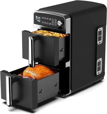 12QT Dual Layer Air Fryer Oven, 6QT×2 Capacity, Vertical 2-Basket Design, 7-in-1 Function with Broil, Roast, Bake, Reheat, D...