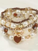 Women's Boho Style Rhinestone & Faux Pearl Decor Heart Charm Bracelets, 5pcs/set Trendy Vintage Matching Bracelets, Chic All-...