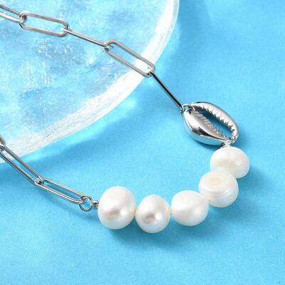 304 Stainless Steel Shell & Natural Pearl Beads Paperclip Chain Necklaces for Women