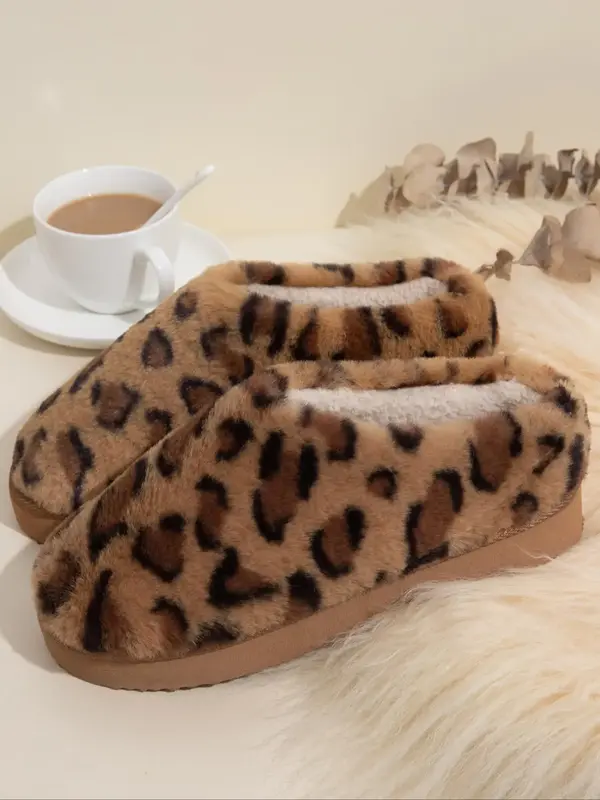 Women's Leopard Print Fluffy Plush Slippers, Soft Comfy Home Slippers, Warm Slippers for Indoor & Outdoor Use for Fall & Wint...