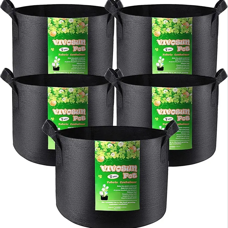 Plant Grow Bag, 5pcs 5/7/10 Gallons Plant Fabric Pots, Thickened Non-woven Fabric Plant Growing Bag with Flap Handles, Garden...