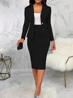 Women's Solid Color Button Front Pocket Blazer & Skirt Set, Chic Basic Minimalist Lapel Neck Long Sleeve Outerwear & Pencil S...