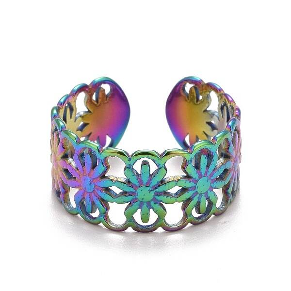 Rainbow Color Ion Plating(IP) 304 Stainless Steel Sunflower Open Cuff Ring for Women
