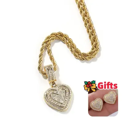 [LeBijouLab] Golden & Silver Heart Hip-hop Necklace w/ Twisted Chain & 1 Count Free Heart Stud Earrings | Unisex Heart Neckla...