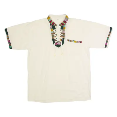 Traditional Lace Neck Mens T-Shirt Cream 90s Crew Neck S
