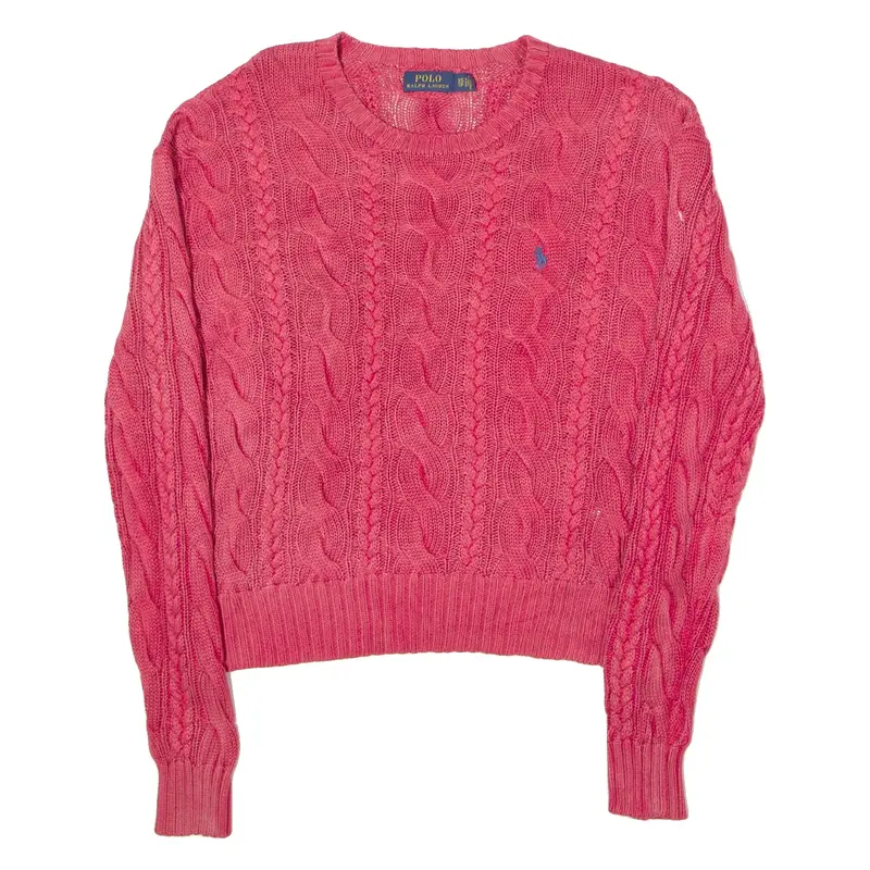 POLO RALPH LAUREN Womens Jumper Pink Crew Neck Cable Knit XS