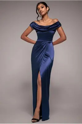 Goddiva Cowl Bardot Satin Twill Maxi Dress - Navy