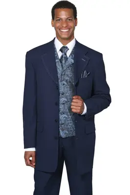 Navy Men's 4-Button Long Vested Fashion Suit with Paisley Vest