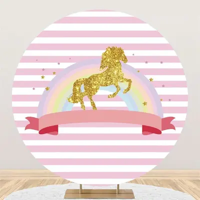 Aperturee Pink Stripe Rainbow Gold Glitter Round Backdrops For Girl | Round Backdrop Stand Covers | Circle Party Backdrop | R...