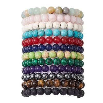 12Pcs 12 Styles 8mm Mixed Gemstone Round Beaded Stretch Bracelets Sets