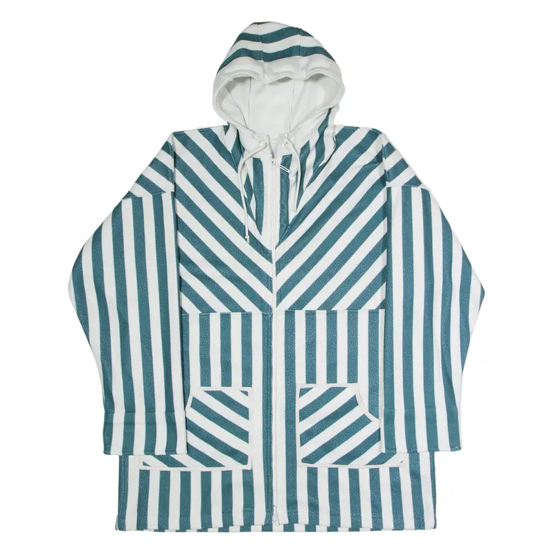 Mens Fleece Coat Green 90s Hooded Striped XL