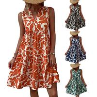 2025 Summer Women's Bohemian Fashion Loose V-neck Pleated Print Dress Female