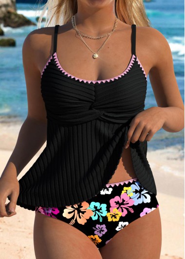 Modlily Contrast Binding Mid Waisted Floral Print Black Tankini Set - S