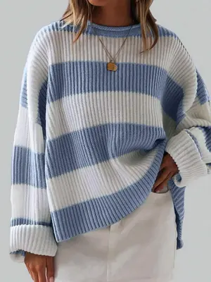 Women's Colorblock Striped Print Drop Shoulder Sweater, Casual Long Sleeve Round Neck Jumper for Fall & Winter, Fashion Ladie...