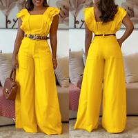 ChicMe Women's 2 Piece Sqaure Neck Flutter Sleeve Shirred Top High Waist Wide Leg Pants Elegant Pants Set