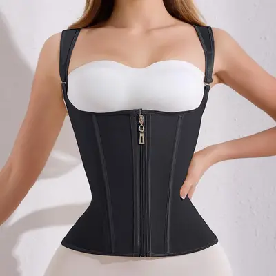 Sporty Women's Solid Color Zipper Open Bust Sports Waist Trainer Shapewear, Adjustable Hook & Eye Front Waist Cincher,  Women...
