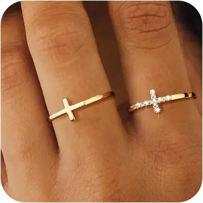 Tewiky Cross Rings For Women Girls Dainty Trendy Stackable Ring Set Thin Cz Cross Finger Rings For Women Non Tarnish Simple S...