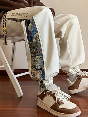 Men's Cartoon Bear Patchwork Print Drawstring Waist Jogger Pants, Casual Regular Fit Pocket Design Trousers for Fall & Winter...