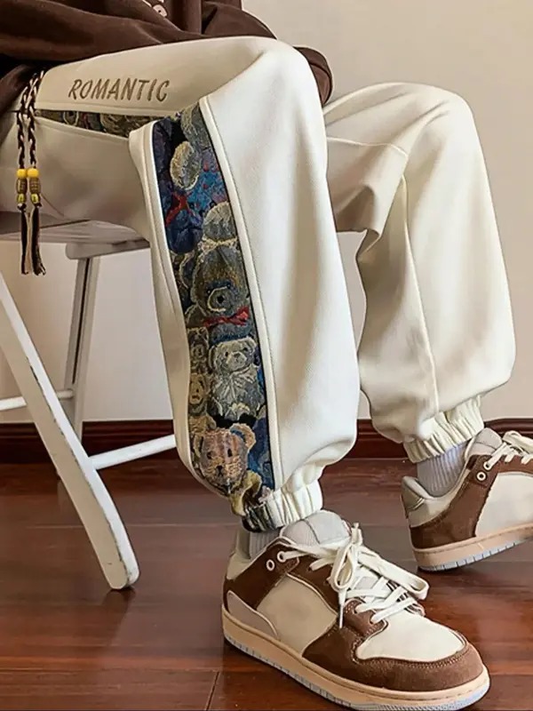 Men's Cartoon Bear Patchwork Print Drawstring Waist Jogger Pants, Casual Regular Fit Pocket Design Trousers for Fall & Winter...