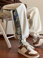 Men's Cartoon Bear Patchwork Print Drawstring Waist Jogger Pants, Casual Regular Fit Pocket Design Trousers for Fall & Winter...