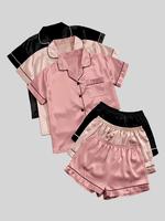Women's Solid Satin Pyjama Set, Short Sleeve Button Front Lapel Shirt & Contrast Binding Shorts Pj Set, Summer Sleepwear Set,...