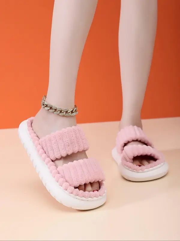 New Women's Comfortable Indoor Slippers, Thickened Fleece Lining, Double Strap Design, Outdoor Trendy Autumn Slippers