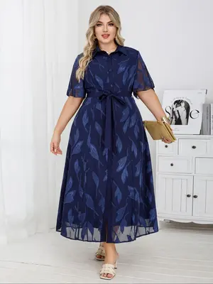 ćPlus Sizeć Leaf Print Tie Waist Dress, Elegant Collared Dress for Women, Women's Clothing for All Seasons
