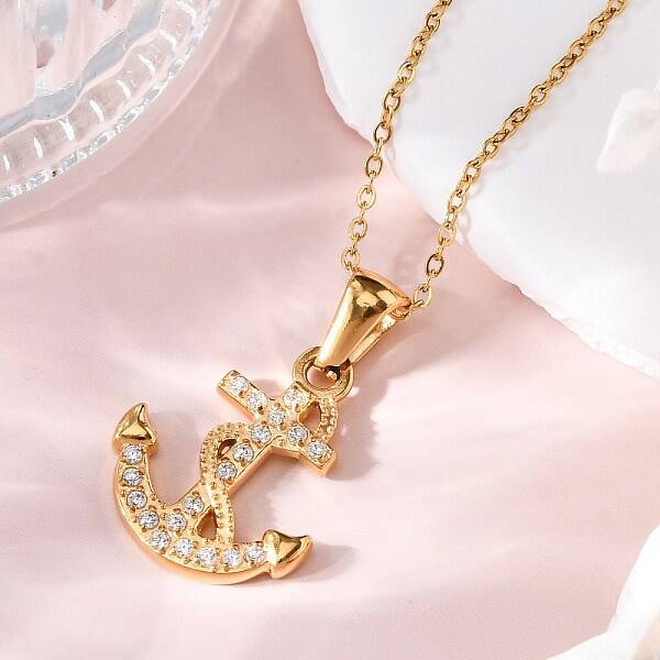 304 Stainless Steel Crystal Rhinestone Anchor Pendant Necklaces