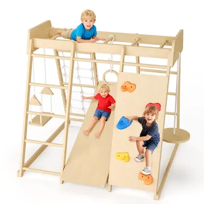 Garvee 8-in-1 Wooden Jungle Gym for Kids Ages 1-8 | Natural Wood Indoor Outdoor Playground with Swing, Slide, Monkey Bars, Ro...