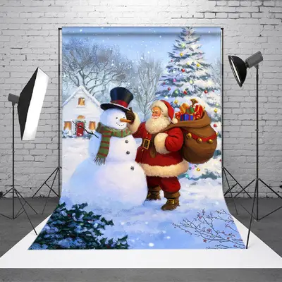 Snowman And Santa Pine Tree Photo Christmas Backdrop - Aperturee