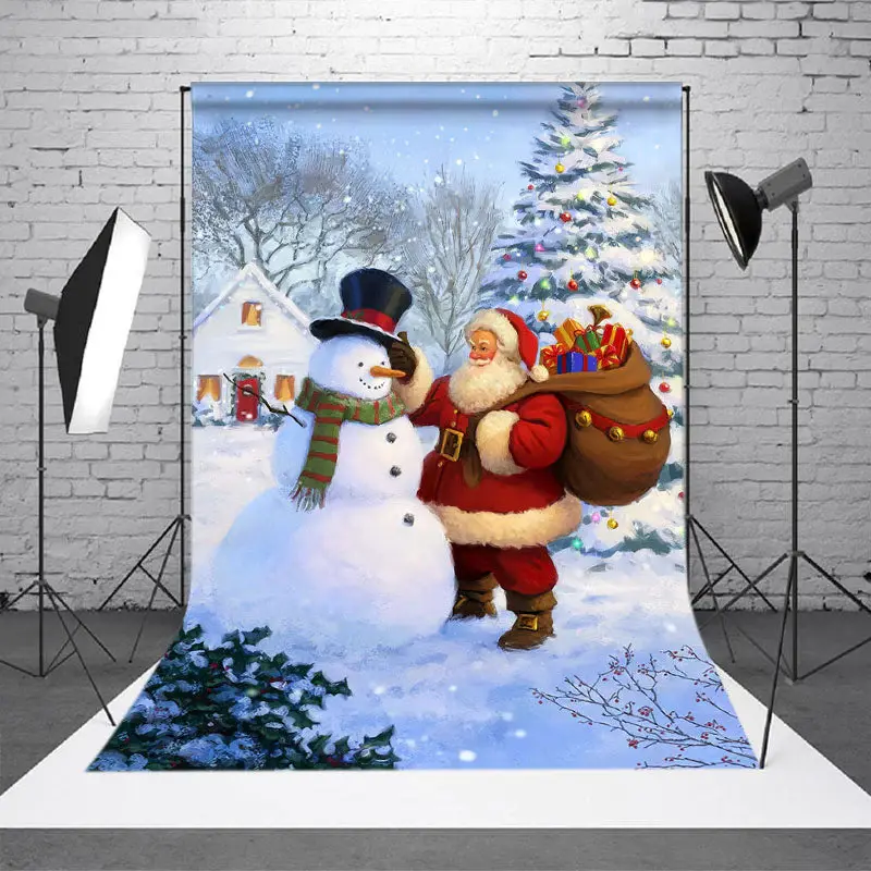 Snowman And Santa Pine Tree Photo Christmas Backdrop - Aperturee