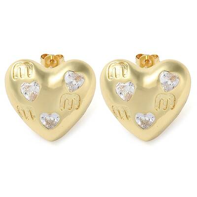 Heart Brass Micro Pave Clear Cubic Zirconia Stud Earrings