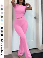Women's Solid Crop Tee & Flare Leg Pants Set, Casual Fashion Cozy Round Neck Short Sleeve Top & Trousers for Daily Outdoor We...