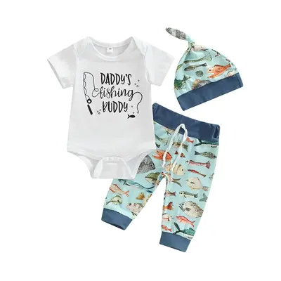 Newborn Baby Boy Outfits Short Sleeve Letter Print Romper Fish Patterns Long Pants Hat 3Pcs Summer Clothes 0-18M