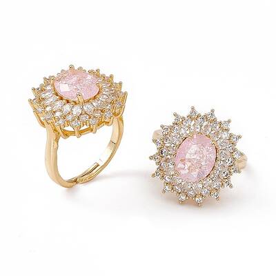 Pink Glass Oval Adjustable Ring with Cubic Zirconia