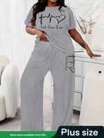 【Plus Size】 Two-piece Set Letter Print Tee & Pants, Casual Round Neck Short Sleeve T-shirt & Trousers, Women's Summer Clo...