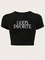 Women's Letter Print Round Neck Crop Tee, Casual Short Sleeve Crew Neck T-shirt for Daily Wear, Graphic Tees, Ladies Clothes...