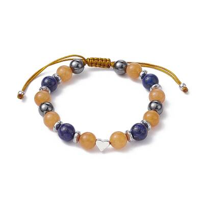 Natural Red Aventurine & Lapis Lazuli & Brass Heart Braided Bead Bracelet