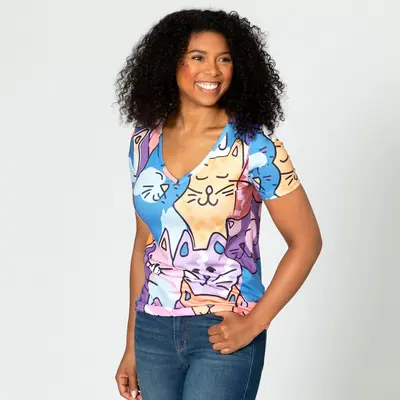 Artsy Cats Sublimation V-Neck Tee - Natural Cats - S