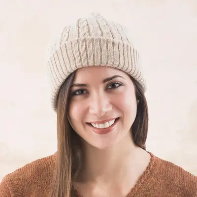 NOVICA Tan Mountain Roads Unique Womens Alpaca Wool Solid Knit Hat