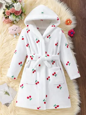 Kids Plush Hooded Bathrobe - Cute Cherry Print Viral Soft Robe for Girls Fashion