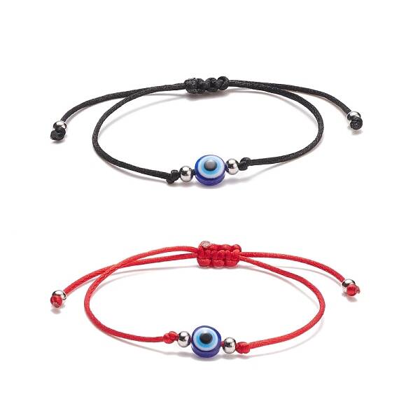 2Pcs 2 Color Resin Evil Eye Braided Bead Bracelets Set