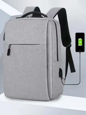 Casual Solid Color Laptop Backpack with USB Charging Port, Lightweight Waterproof and Shockproof Backpack for Men & Women, 15...