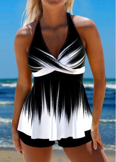 Modlily Surplice Ombre Black Tie Back Tankini Set - M