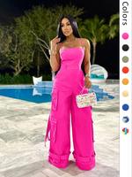 Women's Plain / All Over Print Multi-pocket Wide Leg Cargo High Waist Jumpsuit, Fashion Casual Fit Woven Tape Decor Backless ...